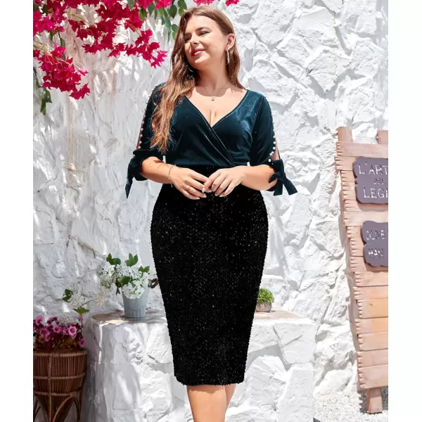 LALAGEN Women Plus Size Bodycon Pencil Midi Dress Stretchy Sequin Wrap V Neck Half Sleeve Velvet Party Dress 1X5XPeacock Blue