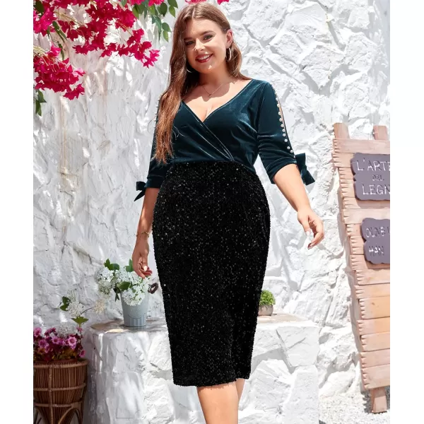 LALAGEN Women Plus Size Bodycon Pencil Midi Dress Stretchy Sequin Wrap V Neck Half Sleeve Velvet Party Dress 1X5XPeacock Blue