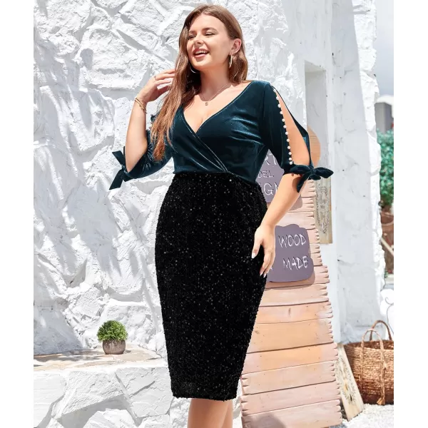 LALAGEN Women Plus Size Bodycon Pencil Midi Dress Stretchy Sequin Wrap V Neck Half Sleeve Velvet Party Dress 1X5XPeacock Blue