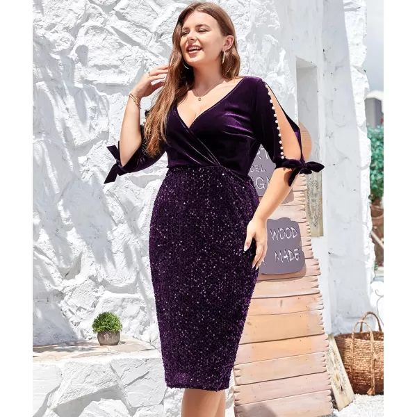 LALAGEN Women Plus Size Bodycon Pencil Midi Dress Stretchy Sequin Wrap V Neck Half Sleeve Velvet Party Dress 1X5XPurple