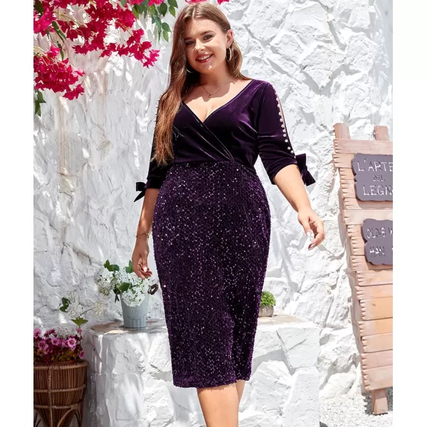 LALAGEN Women Plus Size Bodycon Pencil Midi Dress Stretchy Sequin Wrap V Neck Half Sleeve Velvet Party Dress 1X5XPurple