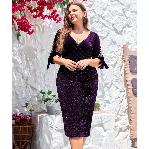 LALAGEN Women Plus Size Bodycon Pencil Midi Dress Stretchy Sequin Wrap V Neck Half Sleeve Velvet Party Dress 1X5XPurple