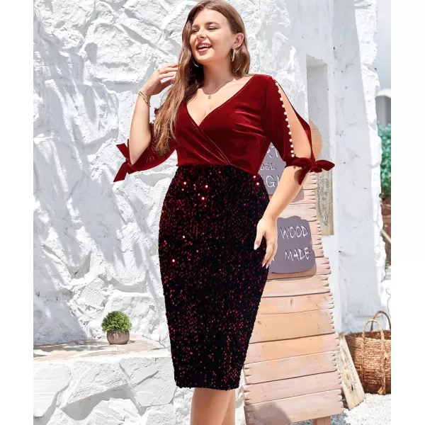 LALAGEN Women Plus Size Bodycon Pencil Midi Dress Stretchy Sequin Wrap V Neck Half Sleeve Velvet Party Dress 1X5XRed