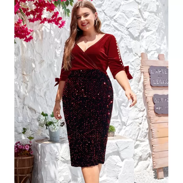 LALAGEN Women Plus Size Bodycon Pencil Midi Dress Stretchy Sequin Wrap V Neck Half Sleeve Velvet Party Dress 1X5XRed