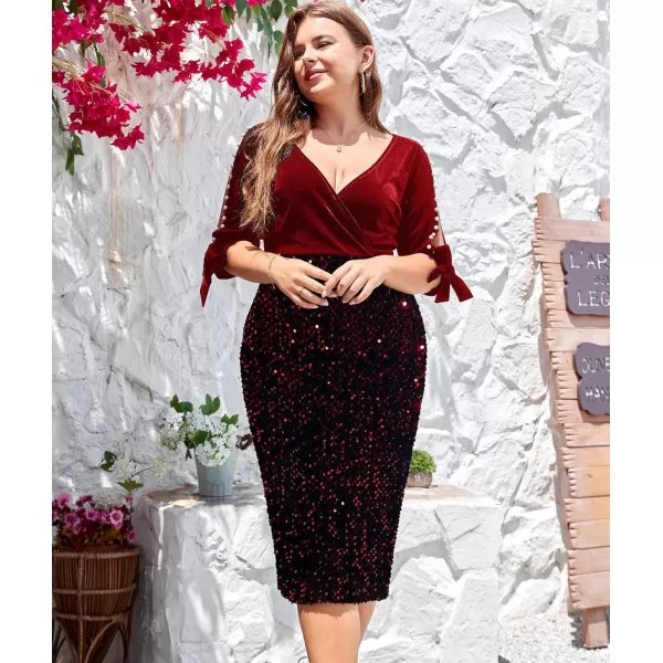 LALAGEN Women Plus Size Bodycon Pencil Midi Dress Stretchy Sequin Wrap V Neck Half Sleeve Velvet Party Dress 1X5XRed