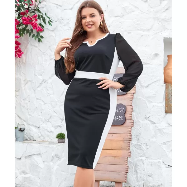 LALAGEN Women Plus Size Bodycon Pencil Midi Work Dress Chiffon Long Sleeve Church Office Business Cocktail Sheath DressesBlack