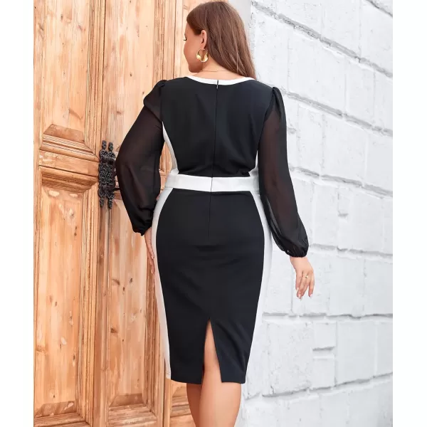 LALAGEN Women Plus Size Bodycon Pencil Midi Work Dress Chiffon Long Sleeve Church Office Business Cocktail Sheath DressesBlack