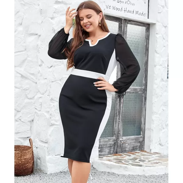 LALAGEN Women Plus Size Bodycon Pencil Midi Work Dress Chiffon Long Sleeve Church Office Business Cocktail Sheath DressesBlack