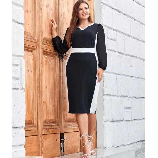 LALAGEN Women Plus Size Bodycon Pencil Midi Work Dress Chiffon Long Sleeve Church Office Business Cocktail Sheath DressesBlack