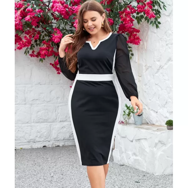 LALAGEN Women Plus Size Bodycon Pencil Midi Work Dress Chiffon Long Sleeve Church Office Business Cocktail Sheath DressesBlack