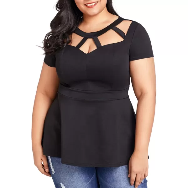 LALAGEN Women Plus Size Short Sleeve Flare Peplum Blouse TopBlack