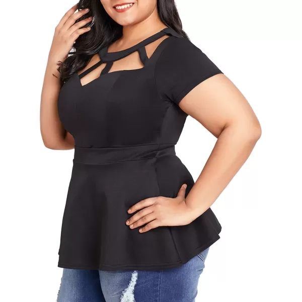 LALAGEN Women Plus Size Short Sleeve Flare Peplum Blouse TopBlack