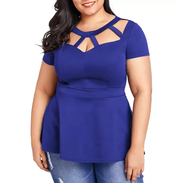 LALAGEN Women Plus Size Short Sleeve Flare Peplum Blouse TopBlue