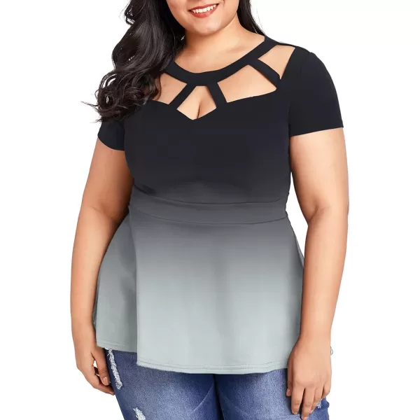 LALAGEN Women Plus Size Short Sleeve Flare Peplum Blouse TopGradient Black Grey