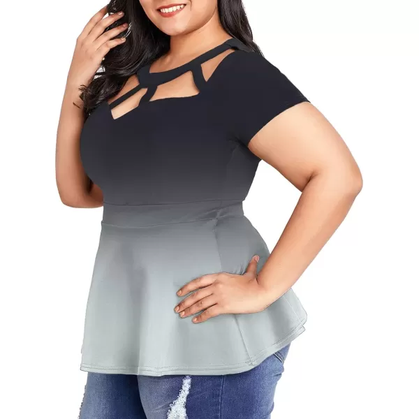 LALAGEN Women Plus Size Short Sleeve Flare Peplum Blouse TopGradient Black Grey