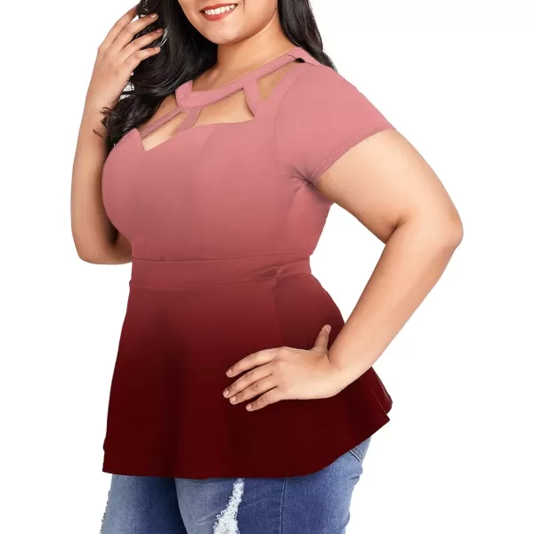 LALAGEN Women Plus Size Short Sleeve Flare Peplum Blouse TopGradient Red