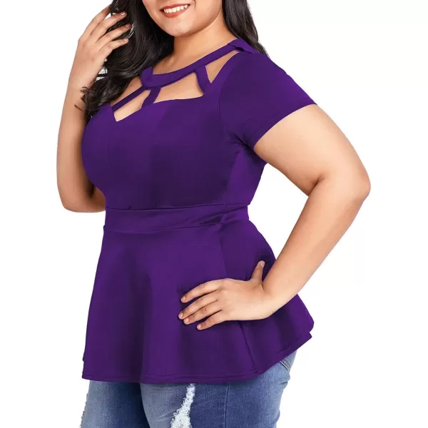 LALAGEN Women Plus Size Short Sleeve Flare Peplum Blouse TopPurple