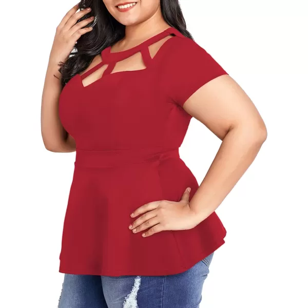 LALAGEN Women Plus Size Short Sleeve Flare Peplum Blouse TopRed