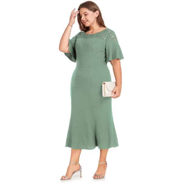 LALAGEN Womens 2024 Plus Size Wedding Guest Midi Dress Lace Patchwork Ruffle Short Sleeve Elegant Flare Cocktail Party DressPea Green