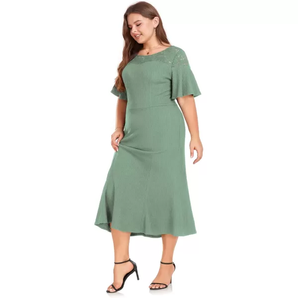 LALAGEN Womens 2024 Plus Size Wedding Guest Midi Dress Lace Patchwork Ruffle Short Sleeve Elegant Flare Cocktail Party DressPea Green