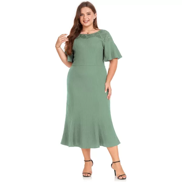 LALAGEN Womens 2024 Plus Size Wedding Guest Midi Dress Lace Patchwork Ruffle Short Sleeve Elegant Flare Cocktail Party DressPea Green