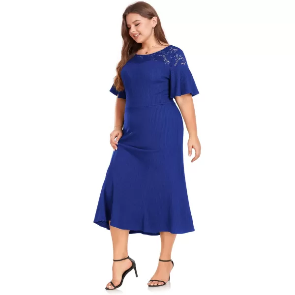 LALAGEN Womens 2024 Plus Size Wedding Guest Midi Dress Lace Patchwork Ruffle Short Sleeve Elegant Flare Cocktail Party DressRoyal Blue