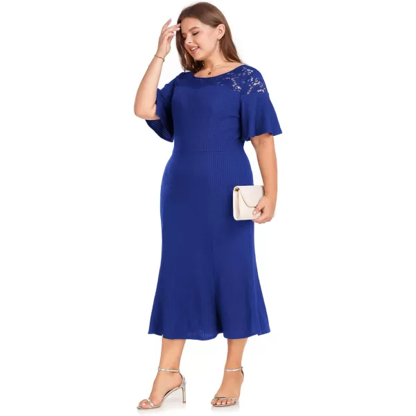 LALAGEN Womens 2024 Plus Size Wedding Guest Midi Dress Lace Patchwork Ruffle Short Sleeve Elegant Flare Cocktail Party DressRoyal Blue