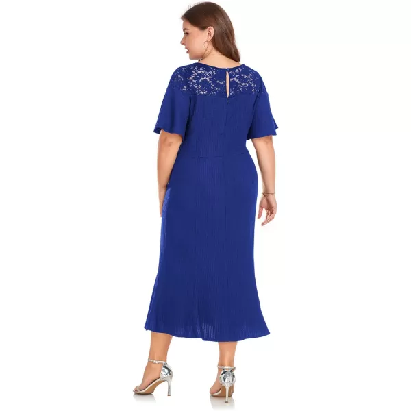 LALAGEN Womens 2024 Plus Size Wedding Guest Midi Dress Lace Patchwork Ruffle Short Sleeve Elegant Flare Cocktail Party DressRoyal Blue