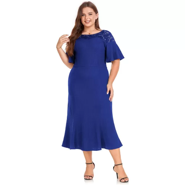 LALAGEN Womens 2024 Plus Size Wedding Guest Midi Dress Lace Patchwork Ruffle Short Sleeve Elegant Flare Cocktail Party DressRoyal Blue