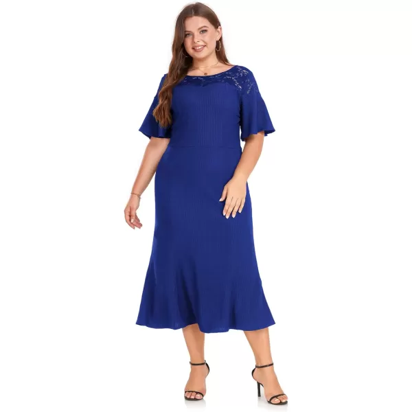 LALAGEN Womens 2024 Plus Size Wedding Guest Midi Dress Lace Patchwork Ruffle Short Sleeve Elegant Flare Cocktail Party DressRoyal Blue