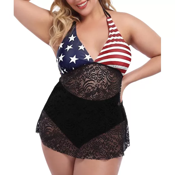 LALAGEN Womens Halter Plus Size Tankini Swimsuit Lace Two Piece Bathing SuitAmerican Flag