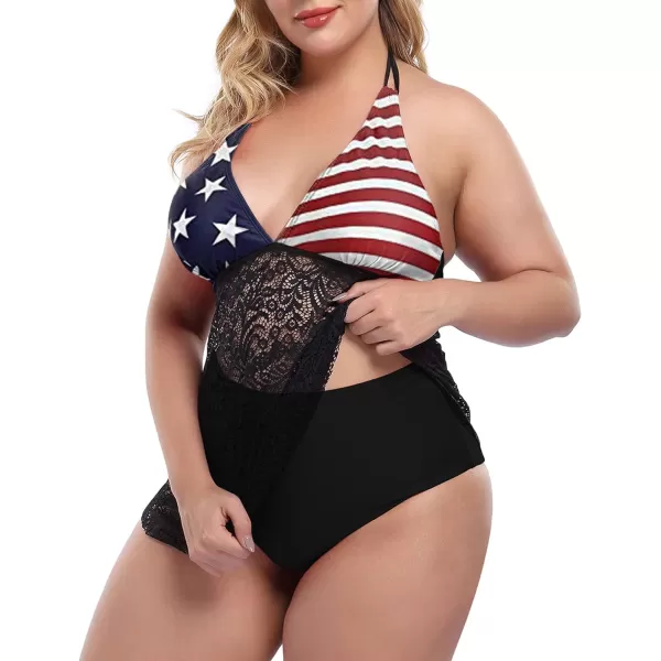 LALAGEN Womens Halter Plus Size Tankini Swimsuit Lace Two Piece Bathing SuitAmerican Flag