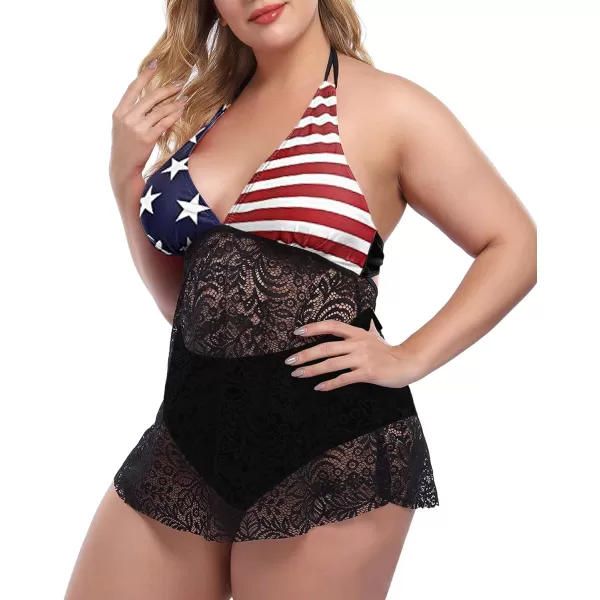 LALAGEN Womens Halter Plus Size Tankini Swimsuit Lace Two Piece Bathing SuitAmerican Flag