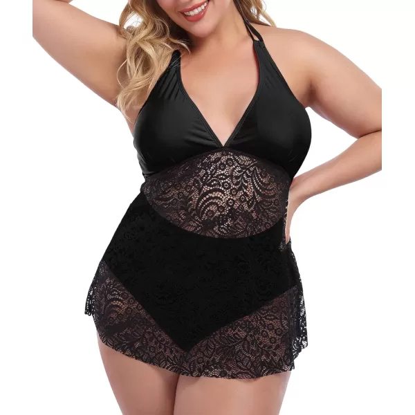 LALAGEN Womens Halter Plus Size Tankini Swimsuit Lace Two Piece Bathing SuitBlack