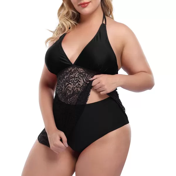 LALAGEN Womens Halter Plus Size Tankini Swimsuit Lace Two Piece Bathing SuitBlack