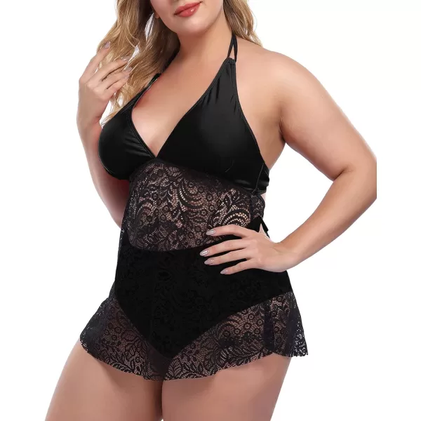 LALAGEN Womens Halter Plus Size Tankini Swimsuit Lace Two Piece Bathing SuitBlack