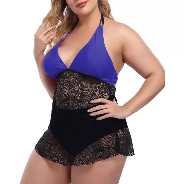 LALAGEN Womens Halter Plus Size Tankini Swimsuit Lace Two Piece Bathing SuitDark Blue