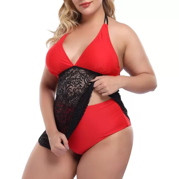 LALAGEN Womens Halter Plus Size Tankini Swimsuit Lace Two Piece Bathing SuitRed