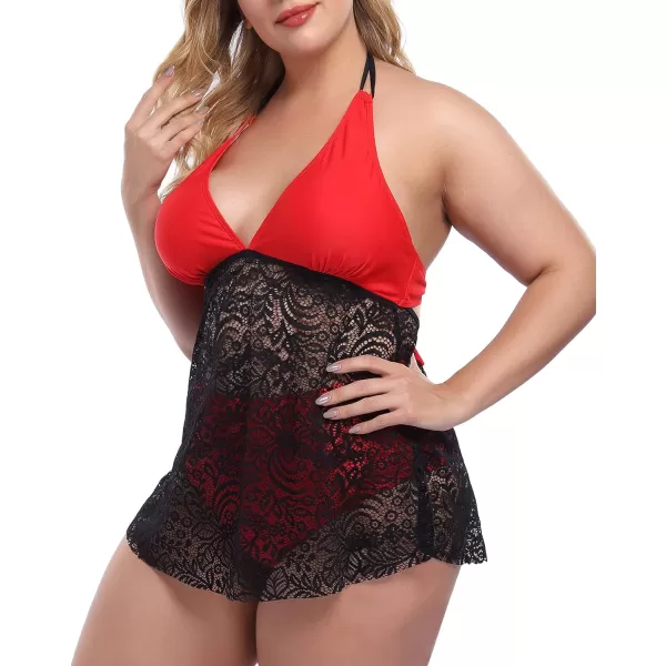 LALAGEN Womens Halter Plus Size Tankini Swimsuit Lace Two Piece Bathing SuitRed