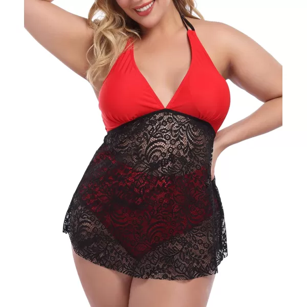 LALAGEN Womens Halter Plus Size Tankini Swimsuit Lace Two Piece Bathing SuitRed