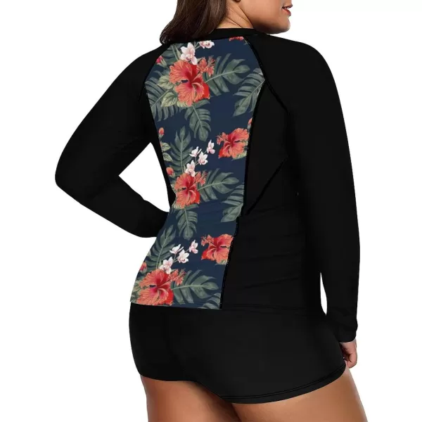 LALAGEN Womens Long Sleeve Sun Protection Rashguard Swimwear Athletic TankiniFloral Navy Black