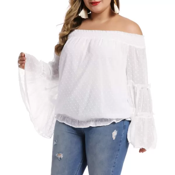 LALAGEN Womens Plus Size Chiffon Off Shoulder Bell Sleeve Loose Shirt Blouse TopWhite