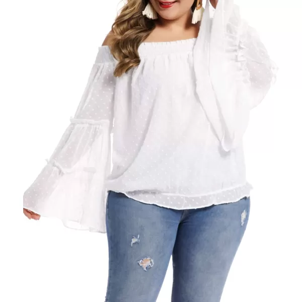 LALAGEN Womens Plus Size Chiffon Off Shoulder Bell Sleeve Loose Shirt Blouse TopWhite