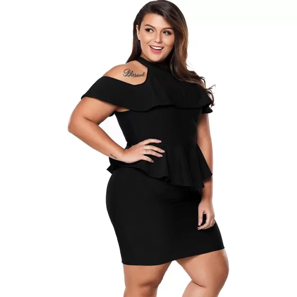 LALAGEN Womens Plus Size Cold Shoulder Peplum Dress Bodycon Party DressBlack