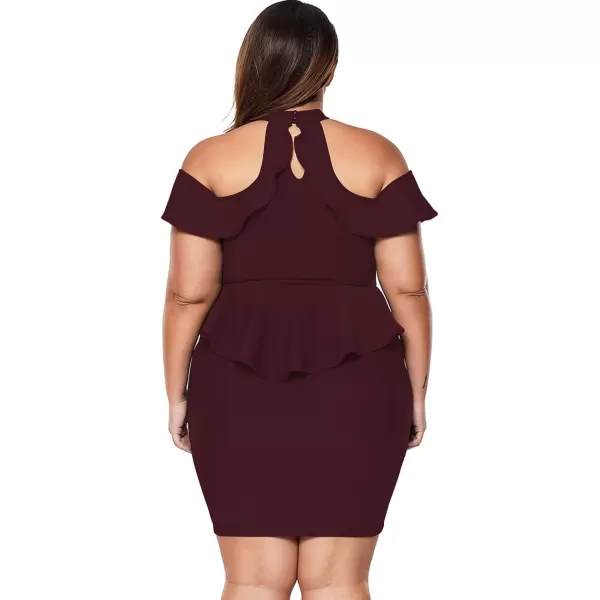 LALAGEN Womens Plus Size Cold Shoulder Peplum Dress Bodycon Party DressDeep Wine