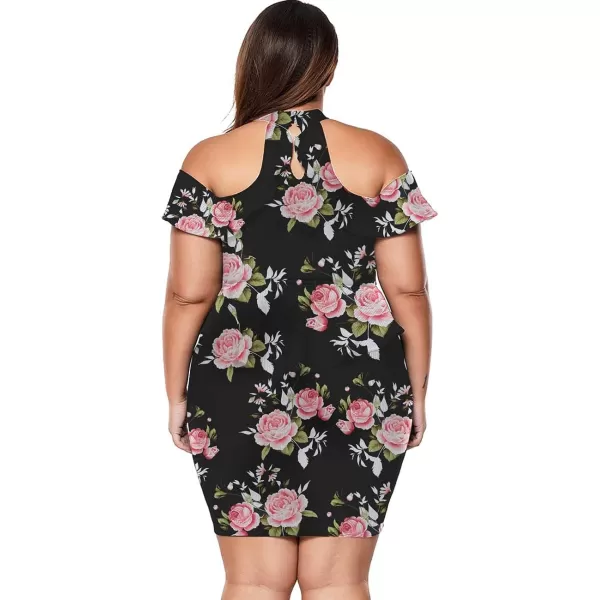 LALAGEN Womens Plus Size Cold Shoulder Peplum Dress Bodycon Party DressFlower Pink Rose