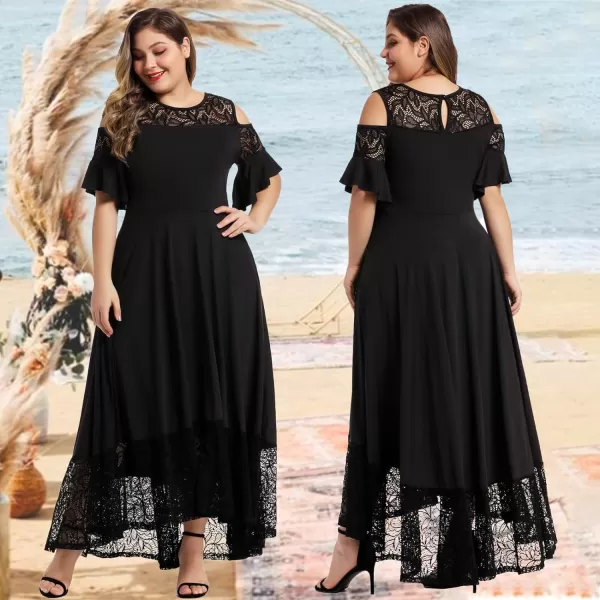 LALAGEN Womens Plus Size Lace Cold Shoulder Casual Long Plain Evening Party Maxi Dress L5XBlack