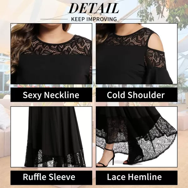 LALAGEN Womens Plus Size Lace Cold Shoulder Casual Long Plain Evening Party Maxi Dress L5XBlack