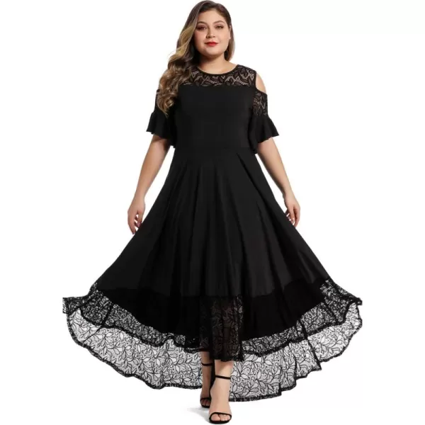 LALAGEN Womens Plus Size Lace Cold Shoulder Casual Long Plain Evening Party Maxi Dress L5XBlack