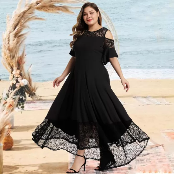 LALAGEN Womens Plus Size Lace Cold Shoulder Casual Long Plain Evening Party Maxi Dress L5XBlack